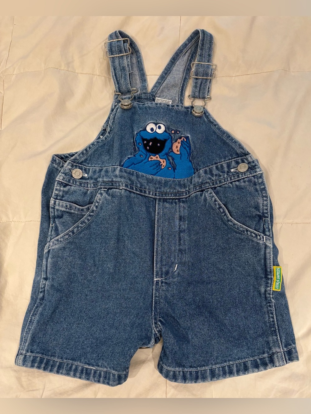 Vintage 90’s COOKIE MONSTER Sesame Street Denim Jean Overalls Embroidered 24M